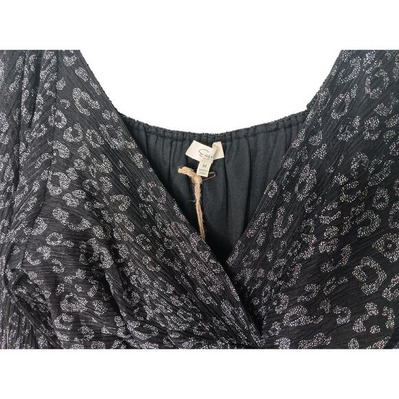 New Easel Black Metallic Animal Print Smocked Waist Blouse Sz L Long Sleeve - Picture 7 of 11